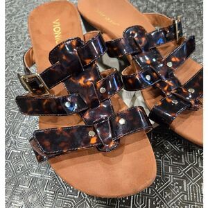 🐢 VIONIC Women's "RADIA" Brown Tortoiseshell Straps Wedge Slide Sandals Size 9!